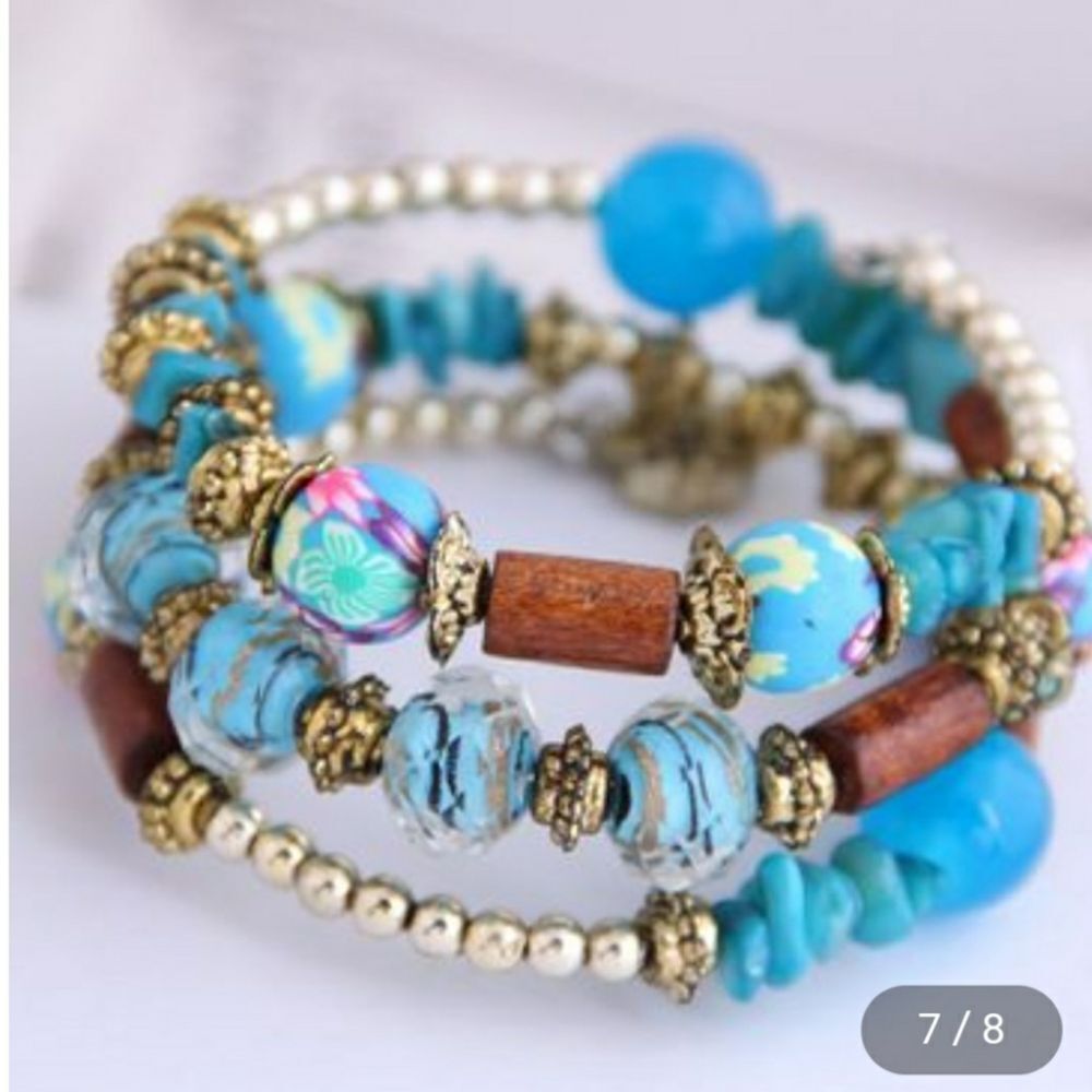 Beaded Memory Wire Bracelet In Turquoise Blue Boho - Picture 13 of 14